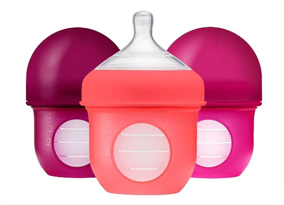 Boon, NURSH Reusable Silicone Pouch Bottle, Air-Free Feeding, 4 Ounce with Stage 1 Slow Flow Nipple (Pack of 3)