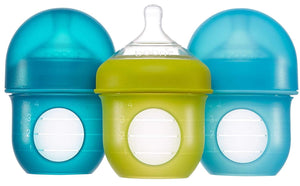 Boon, NURSH Reusable Silicone Pouch Bottle, Air-Free Feeding, 4 Ounce with Stage 1 Slow Flow Nipple (Pack of 3), Blue